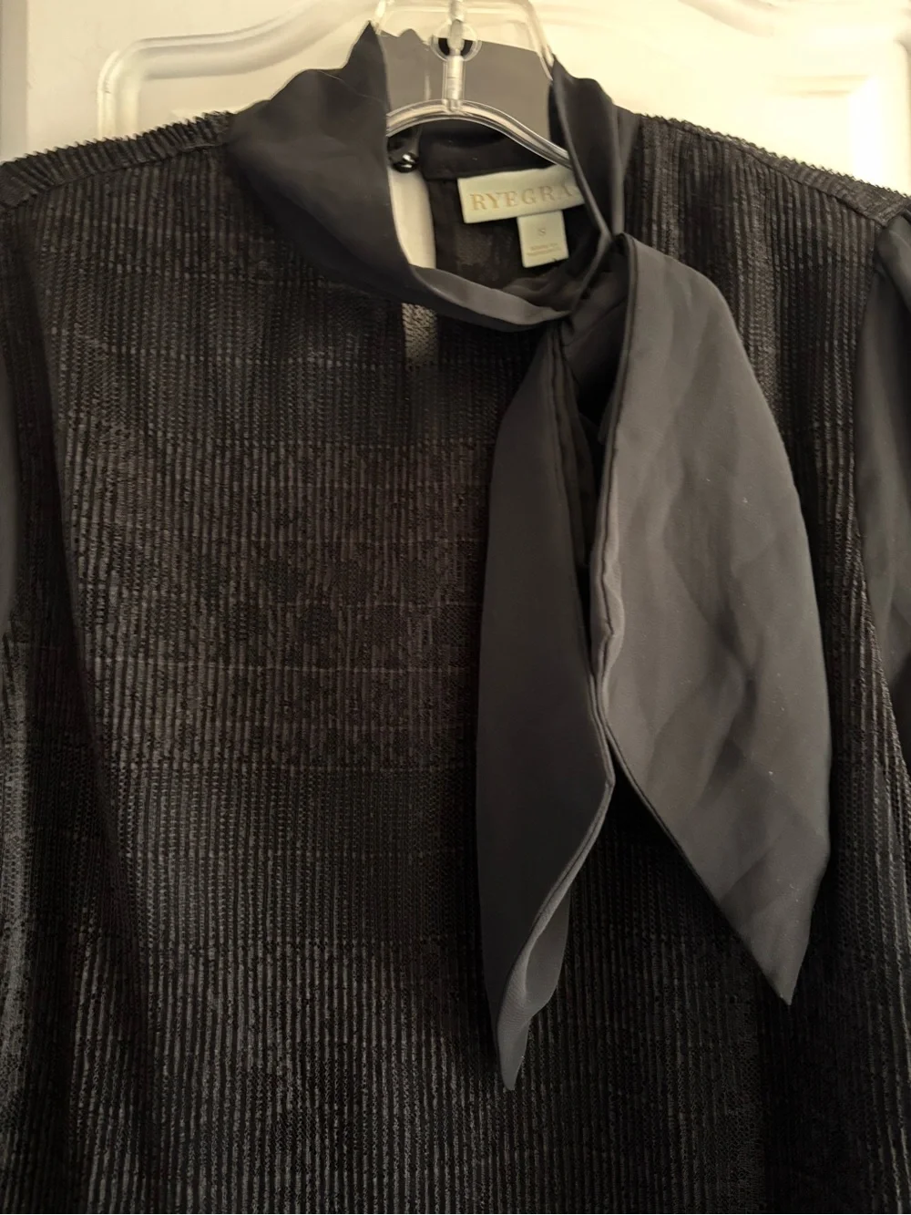 Grace Black Sheer Tie-Neck Blouse with Textured Bodice